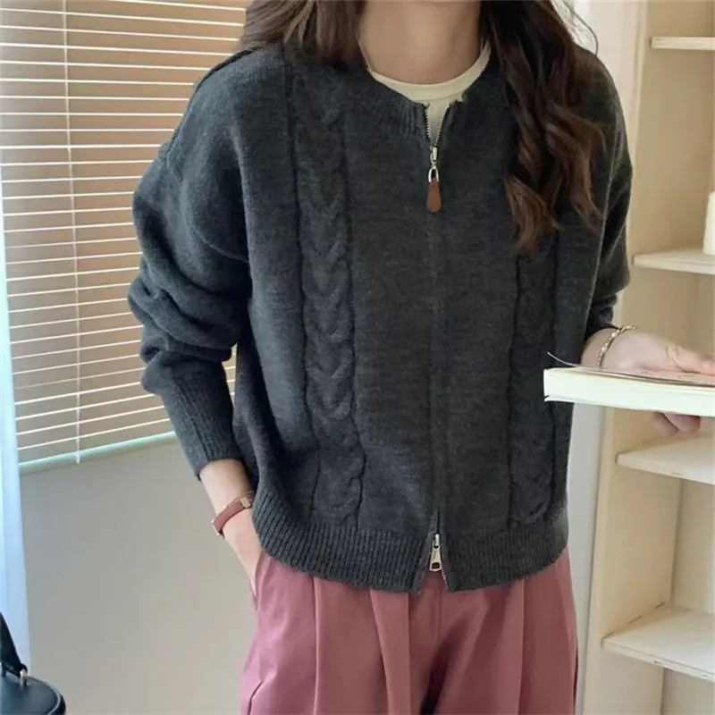 High-grade double zipper twisted round neck 100% pure cashmere knit cardigan women lazy loose Joker sweater coat