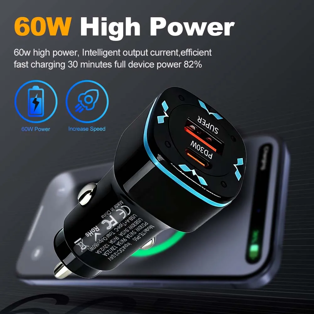 

60W 2Ports Multi USB PD Car Charger Quick Charging Adapter QC3.0 USB+ PD30W Fast Car Charge For iPhone 17 For Samsung Universal
