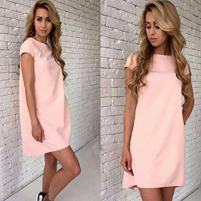 

Summer Beach Casual Dress Women Female Short Sleeve Loose Mini Short A-line Dresses Candy Color S-XXL