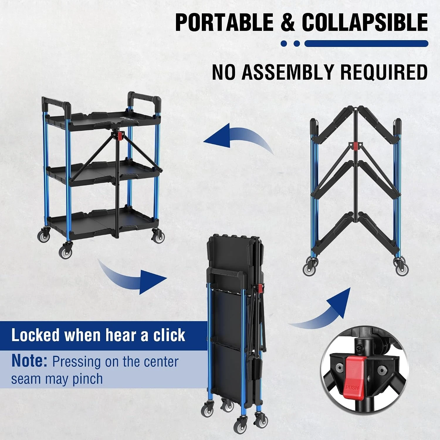 3 Tier Collapsible Service Cart Heavy Duty Foldable Utility Cart With Wheels Portable Rolling Tool Storage Organizer Cart For Garage Warehouse Home Restaurant Office Black Blue