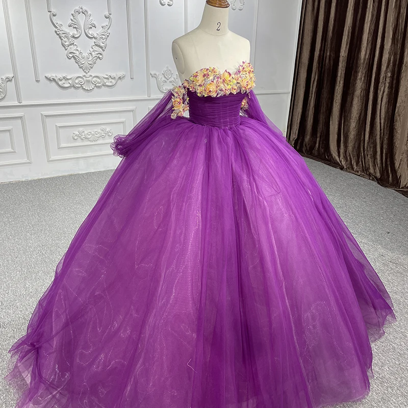 Vestido de baile de quinceañera para mujer, vestido de fiesta de graduación con flores púrpuras, hombros descubiertos, mangas completas de encaje, alta calidad, DY1239