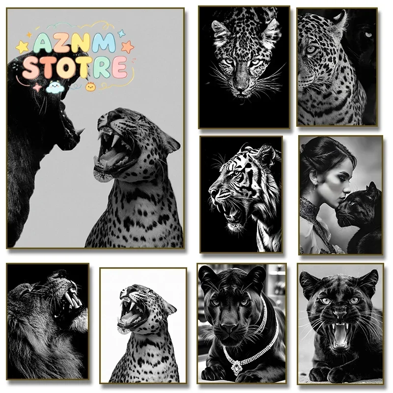 1PCS frameless Canvas paintingLuxury Black & White Tiger Panther Leopard and Jaguar Roar Poster Canvas Painting Print Wall Ar