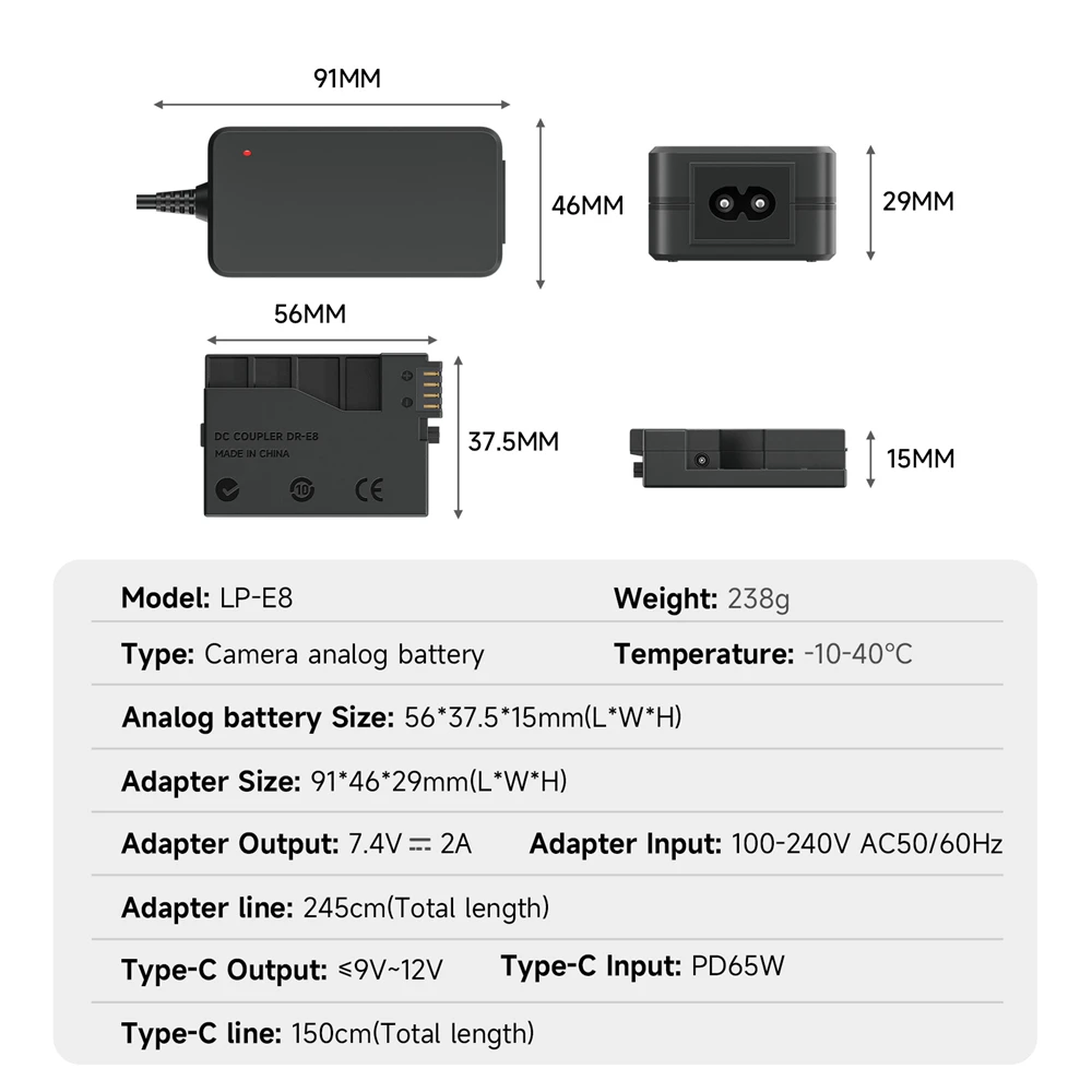PALO LP-E8 DR-E8 ダミーバッテリーカプラーキット Canon EOS Rebel T5i T4i T3i T2i Kiss X7 X6 X5 X4 700D 650D 600D 550D カメラ用