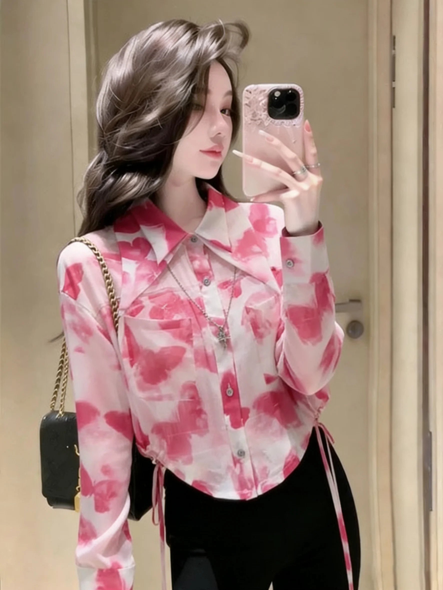 

Retro Pink Floral adient Long Sve irt Women's Spring 2026 New Sle Age-Defng Design Casual Loose Fit Breathable