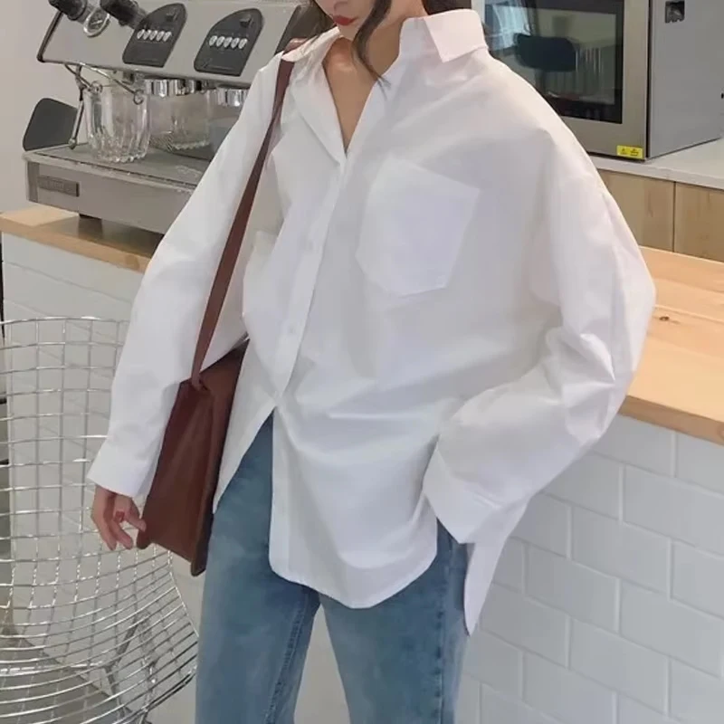 2025 ol estilo camisa feminina branca de manga comprida com bolso casual fenda blusa solta versátil plus size tops para mulheres 11456