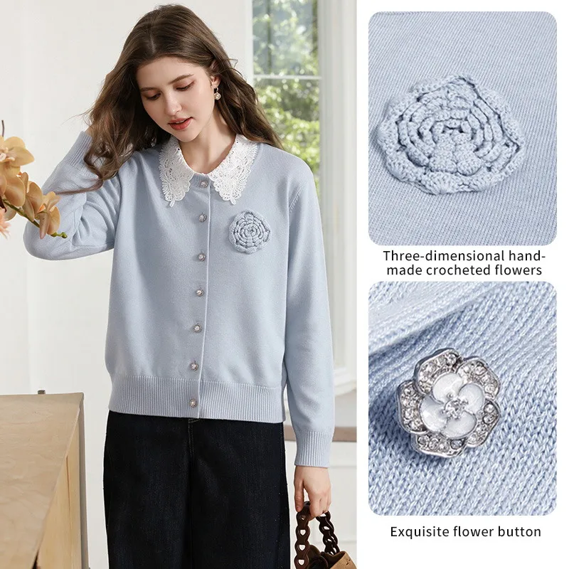 I BELIEVE YOU Women's Wool Knit Cardigan 2026 Autumn Round Neck Hand‑Crochet Flower Sweater Single-breasted Cardigans 2251145941