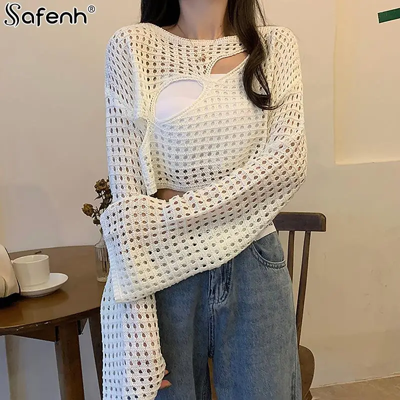 Women Casual Sweater Pullovers Summer Fashion Loose Long Sleeve Hollow Out Knit Smock lack,White,Gray,Khaki