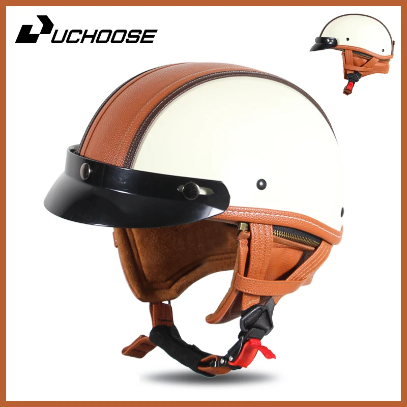 

UCHOOSE Ретро мотоциклетный кожаный шлем стиль пилотный мотоцикл половина лица полушлем круизный чоппер байкер