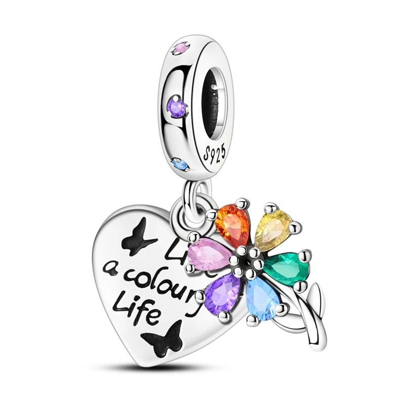 

925 Sterling Silver Colorful Flower Charms Bead Zircon Dangle Fit 3mm Original Bracelet DIY Women Birthday Party Jewelry Gift