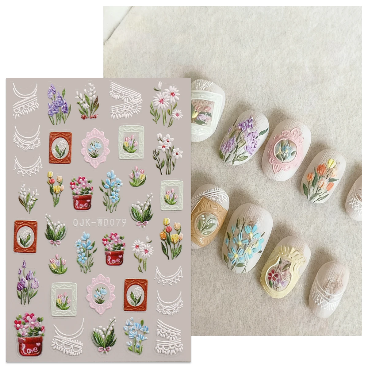 2 قطعة الربيع الرجعية التطريز النمط الرعوي تنقش ملصقات فن الأظافر ، رائعة 5D مسمار ملصقات فنية ، مسمار الديكور ، DIY بها بنفسك ، هدية #6