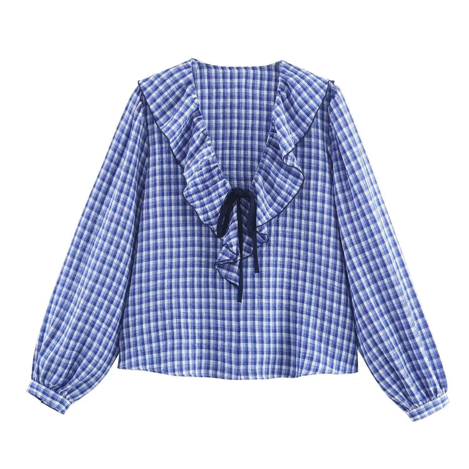 

2025 весенне-осенняя модная женская рубашка-блузка с многослойным украшением, синяя клетчатая рубашка с v-образным вырезом и длинными рукавами, топы