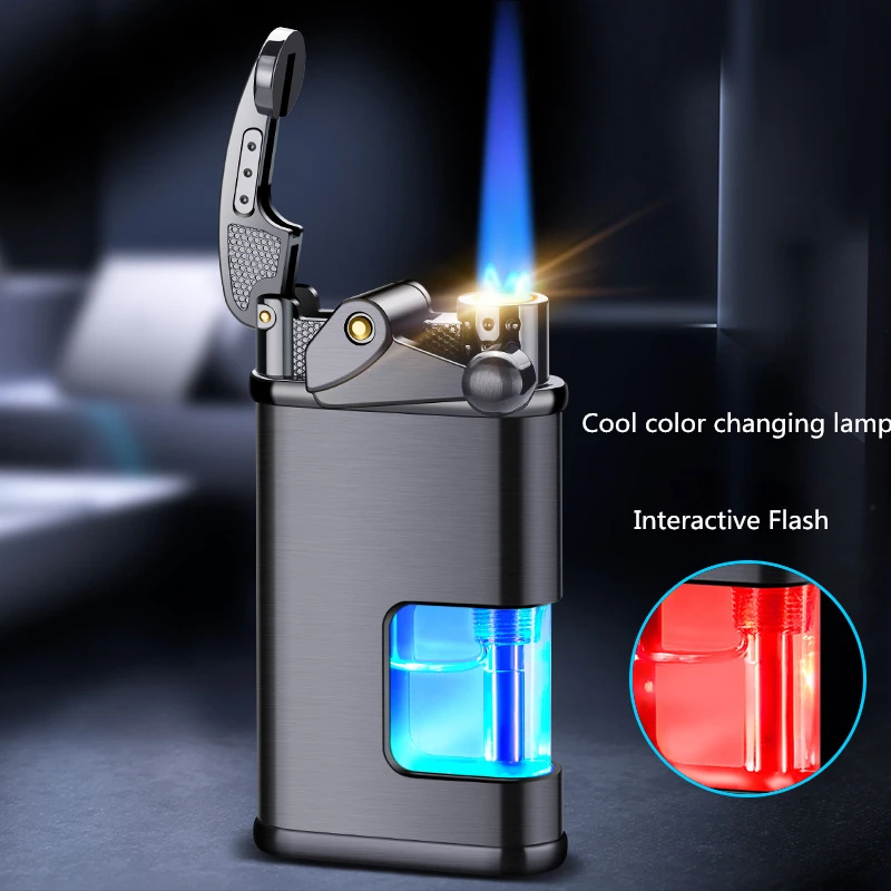 Windproof rocker inflatable lighter metal direct blue flame visible window ignition LED flash cigarette accessories men\'s gift