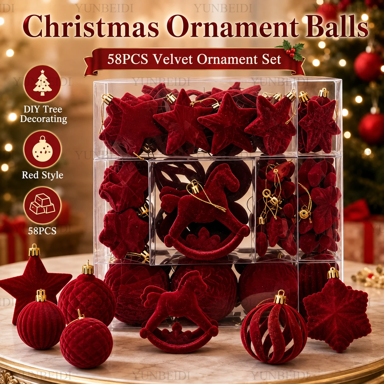 58-teiliges Set aus Samt-Weihnachtskugeln in Rot und Grün, beflockte Kugeln, DIY-Weihnachtsbaumdekoration, Feiertagsdekoration für Zuhause und Partys, hängende Dekoration.