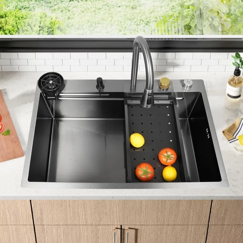 Waterfall Kitchen Sink,33x22 Drop-In Kitchen Sink,Stainless Steel Single Bowl Kichen sink, Workstation Sink with Multifunction