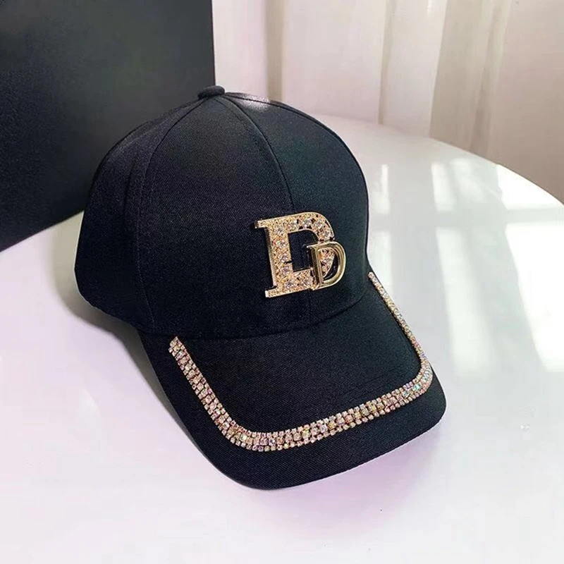 Women Baseball Caps Gold Rhinestones Shining M or D Causal Black White Fashion Cotton Snapback Hat Hiphop şapka Caps for Girls