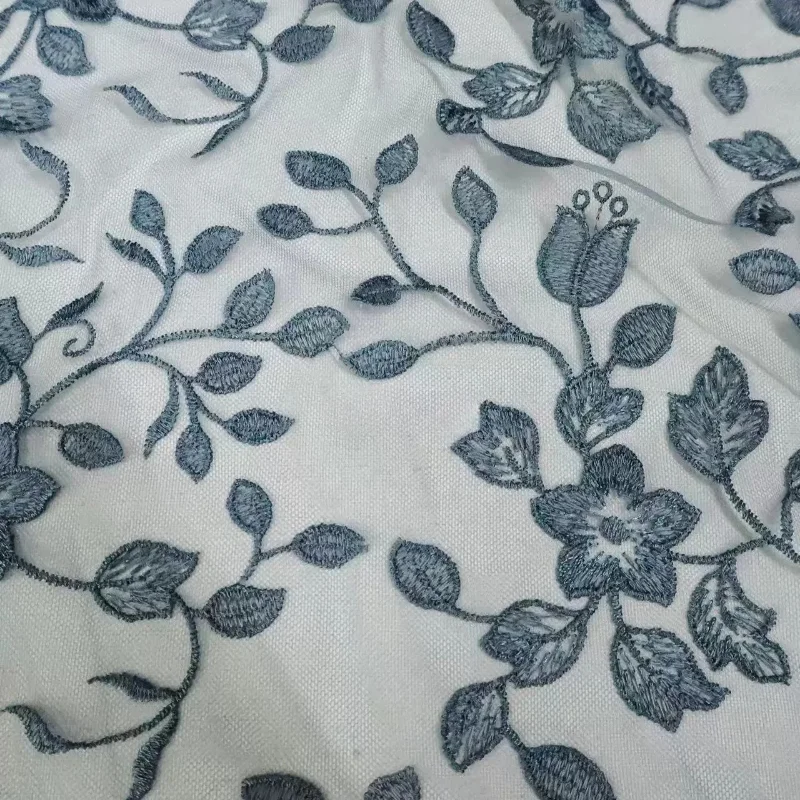 Vintage Gray Blue Translucent Embroidery Lace Mesh Fabric Designer Handmade Sewing DIY Wedding Dress Craft Material Breathable