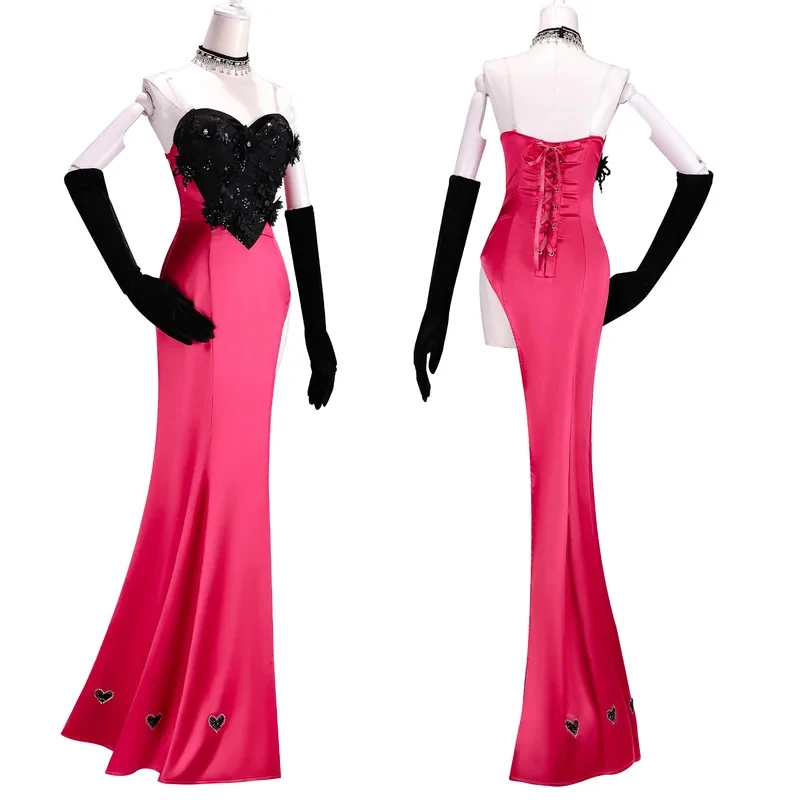 

Hazbin Hotel Cosplay Costume Black-Pink Sexy Evening Dress Gloves Wig for Halloween Women Anime Role Play Outfit ,[6jh