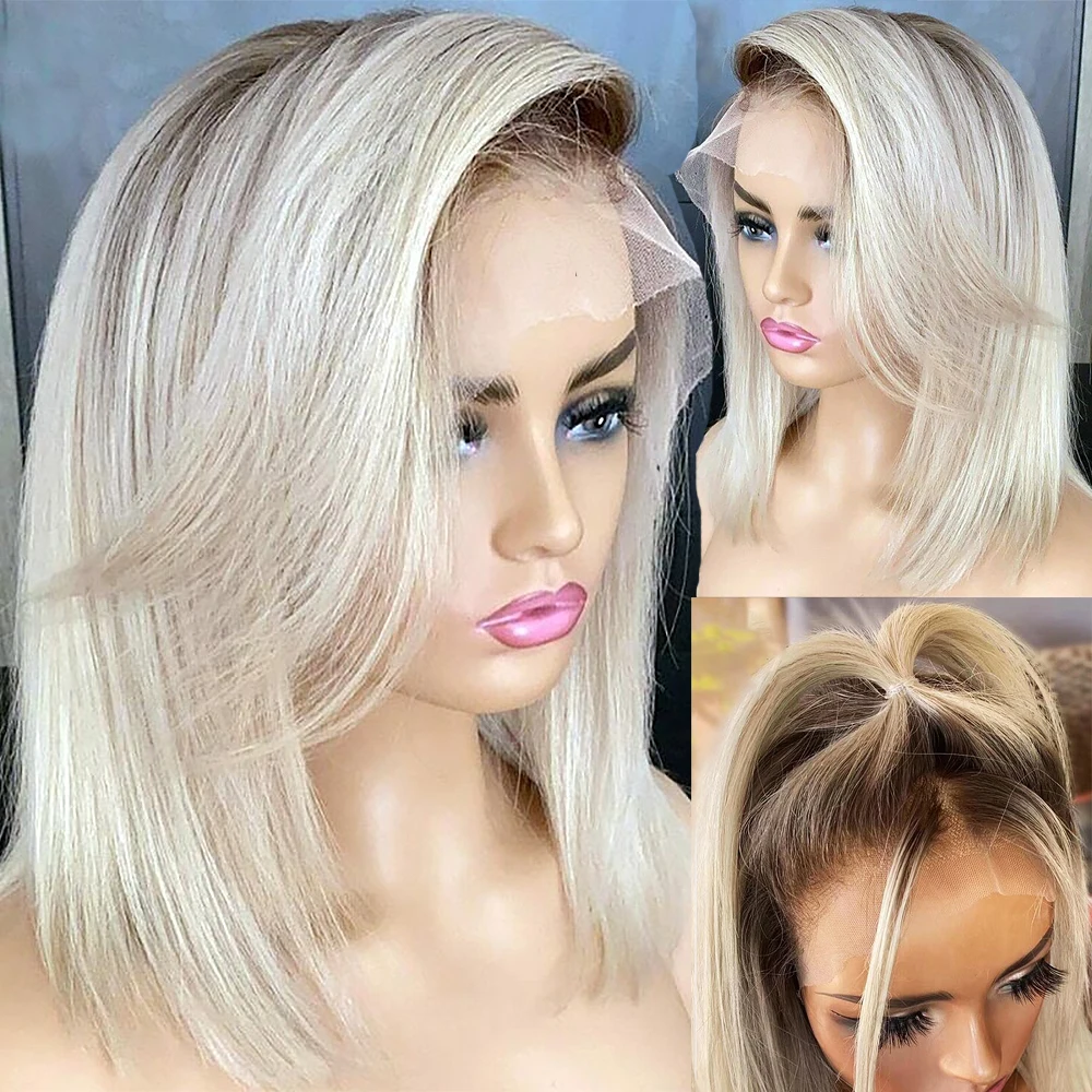 

Ash Blonde Color Transparent 180% Density Full 13X4 Lace Frontal Wig Human Hair Blonde Short Bob Human Hair Wig for Women