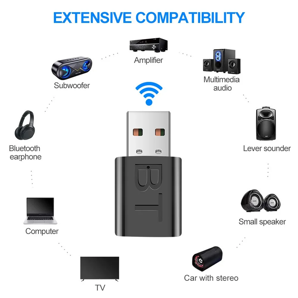 USB Bluetooth Receiver Transmitter Car Bluetooth 5.0 Audio Adapter TV Computer Wireless Bluetooth 2-in-1 Converter Plug and Play