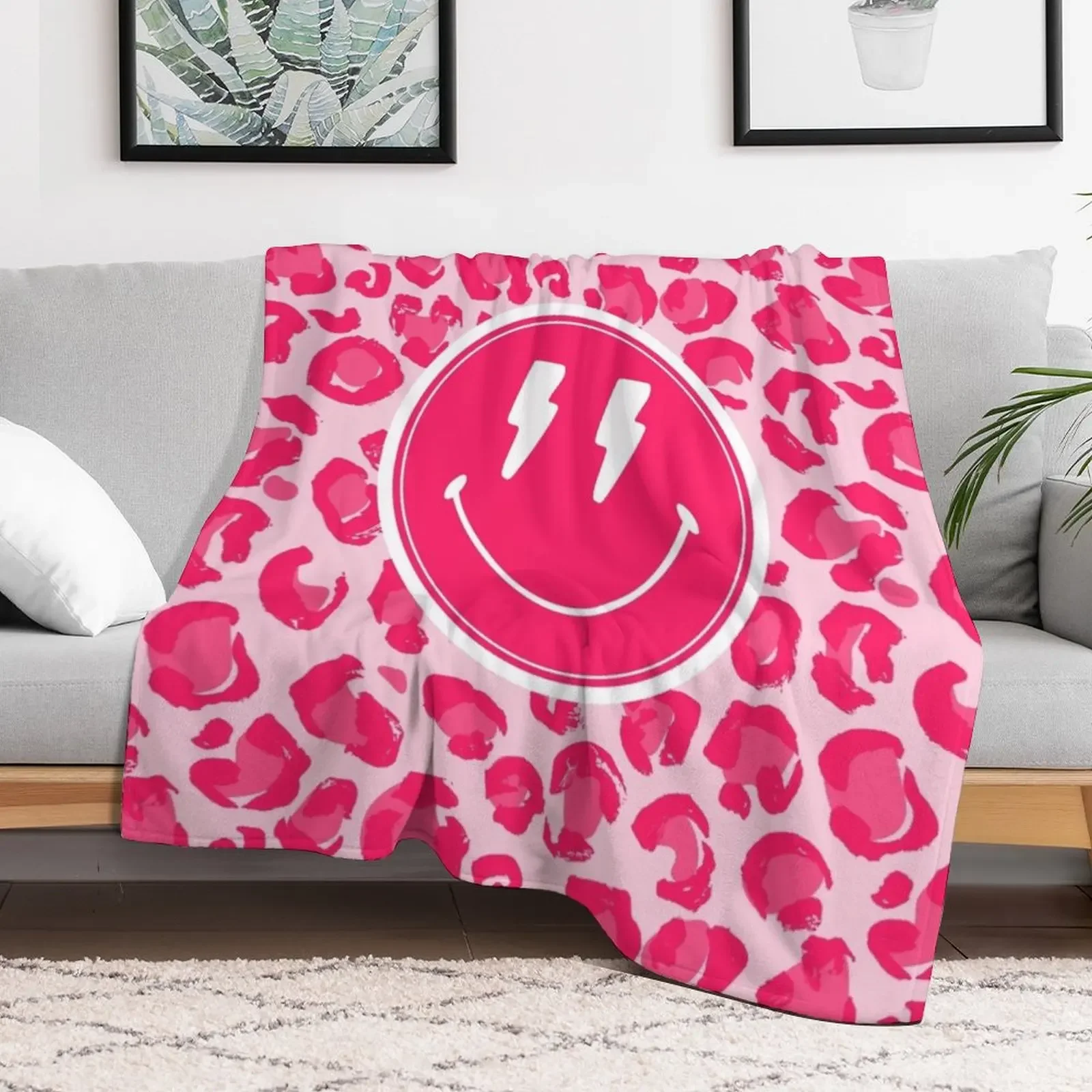 Preppy School Supplies, Preppy, Aesthetic, Pink, Leopard Print, Smile, Preppy Throw Blanket Furrys Thins Blankets