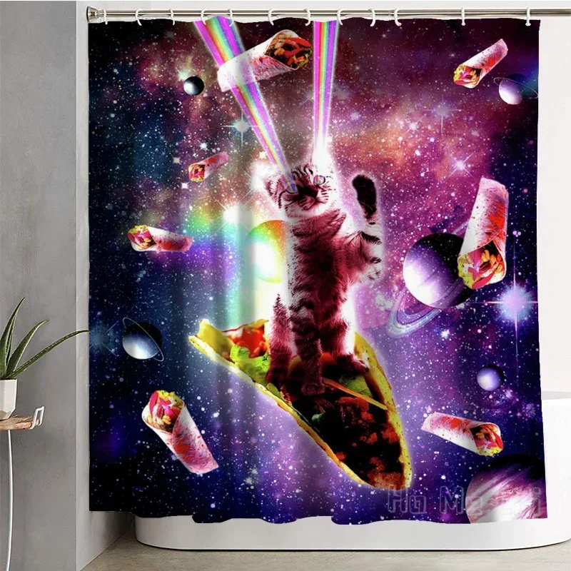 Funny Outer Space Galaxy Laser Eye Cat Taco Rainbow Burritos Ride Sloths Rampage Destroy All Hippie Shower Curtain By Ho Me Lili