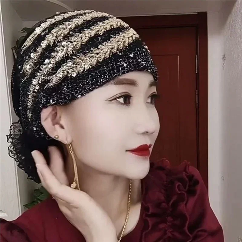 2024 Glitterเพชรเย็บปักถักร้อยลูกไม้Turbanหมวกผู้หญิงมุสลิมHeadscarfหัวห่อหมวกหญิงทุกวันหมวกผมฝาครอบหมวก