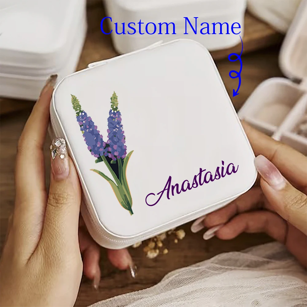 1 personalisierte Schmuckschatulle mit Namen, Aufbewahrungsbox aus Kunstleder mit lila Blumen- und Buchstabenmuster, geeignet für die Aufbewahrung von Ringen, Ohrringen, BHs