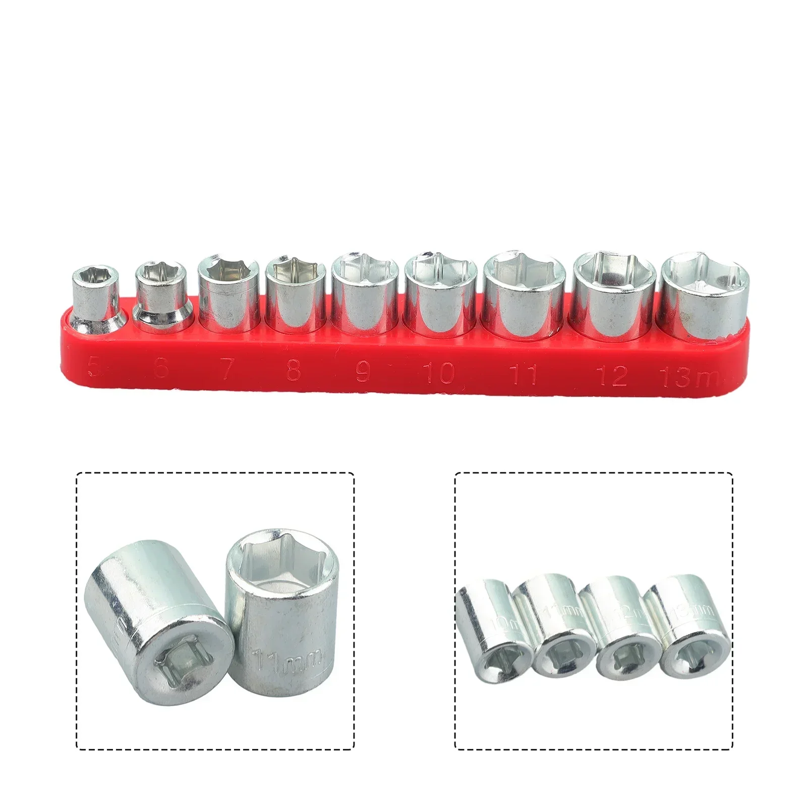 9pcs 1/4 Inch Drive 5-13mm Hex Bit Metric Socket Wrench Head Set Sleeve Wrench Adapter Auto Repair Hand Tool Nut Removal Tools