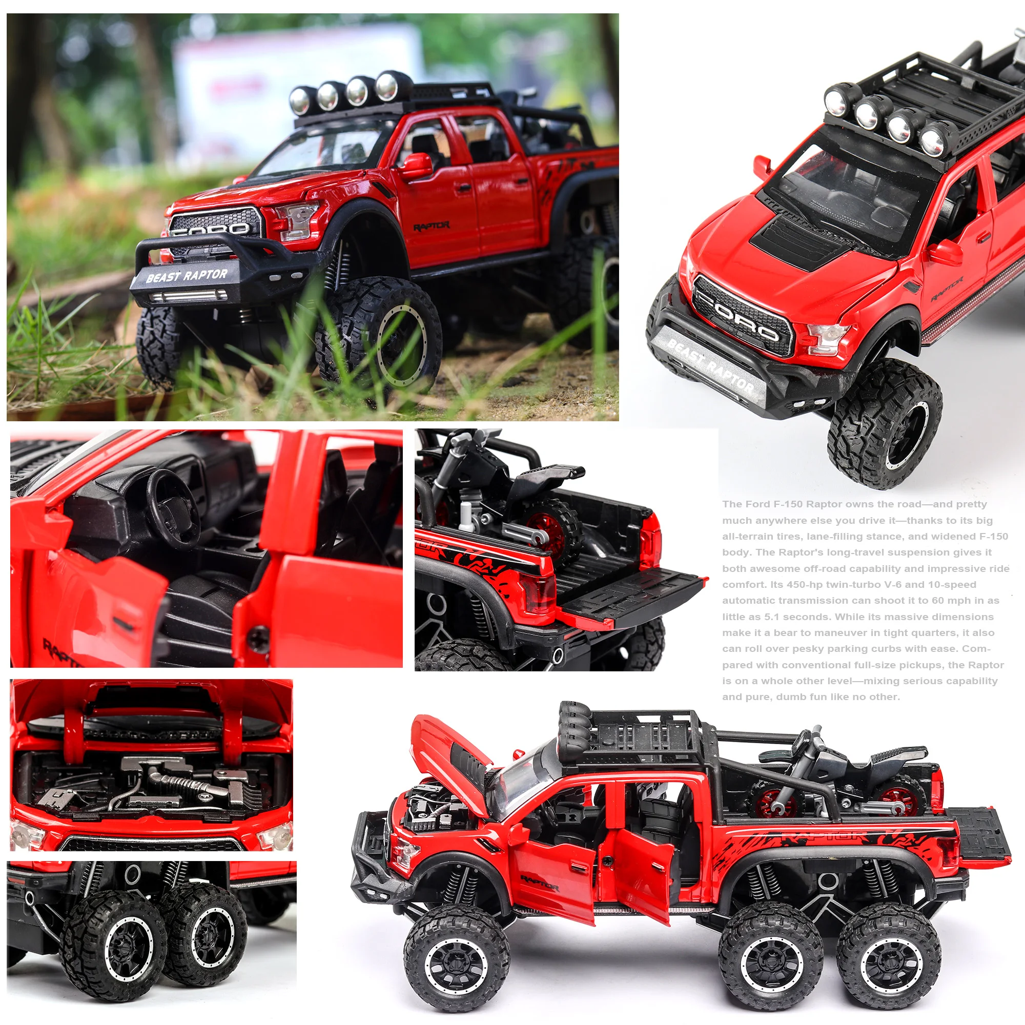 Ford raptor f150 off-road 24 escala diecast supercar modelo brinquedo com som & luz puxar para trás meninos presente colecionáveis