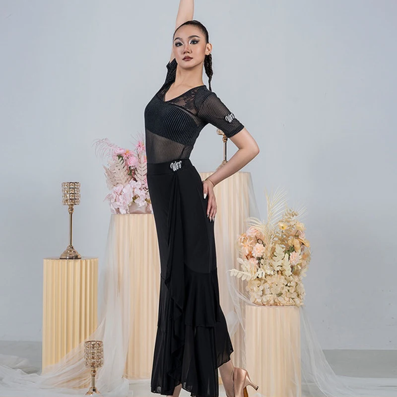 ラテンダンス服社交ダンス衣装セクシーなメッシュカバーオール不規則なスカートワルツダンスパフォーマンスドレス練習着 DNV23879