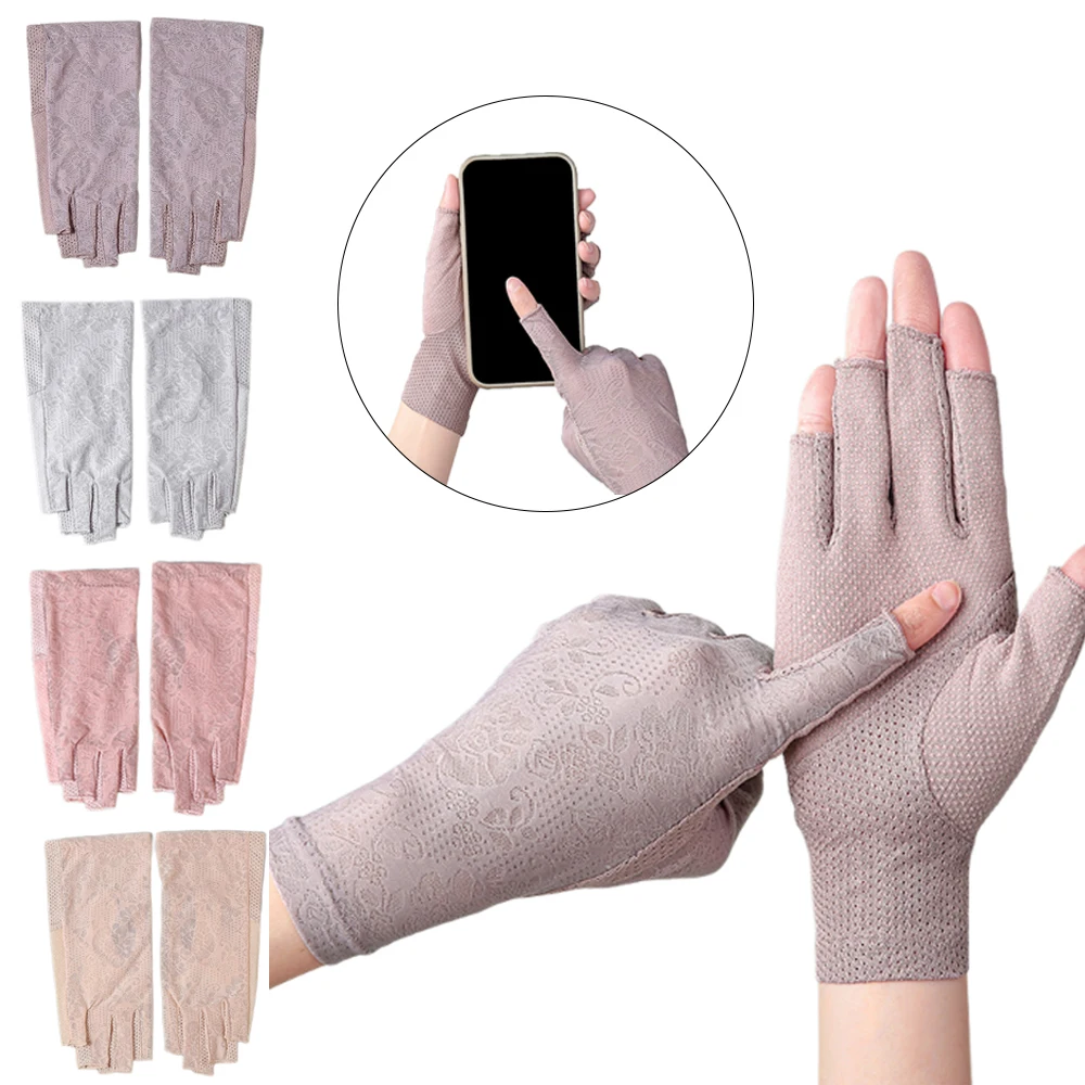 

Ice Silk Half Fingers Gloves Sun Protection Breathable Mesh Gloves Printed Pattern Outdoor Riding Fingerless Gloves Soft Women