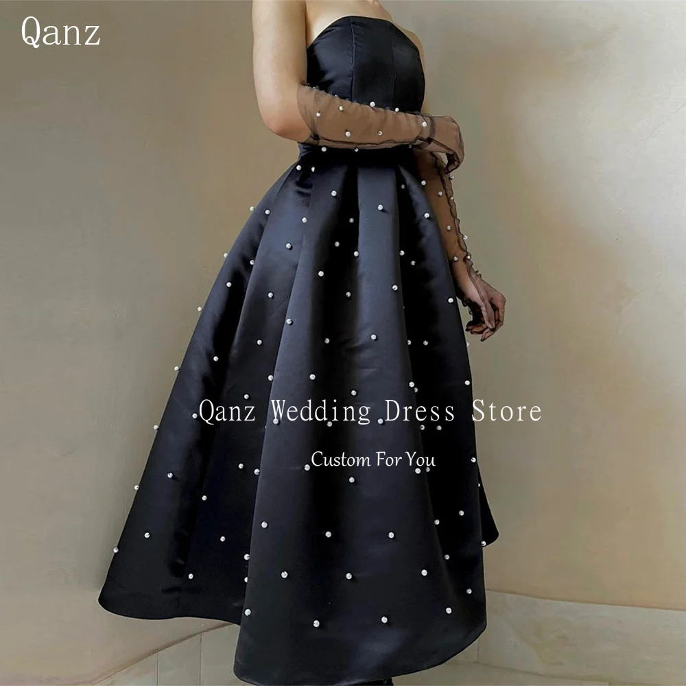 

Qanz Luxury Pearls Evening Dresses Strapless Black Satin Vestidos De Fiesta Customized Corset Vestidos Para Eventos Especiales