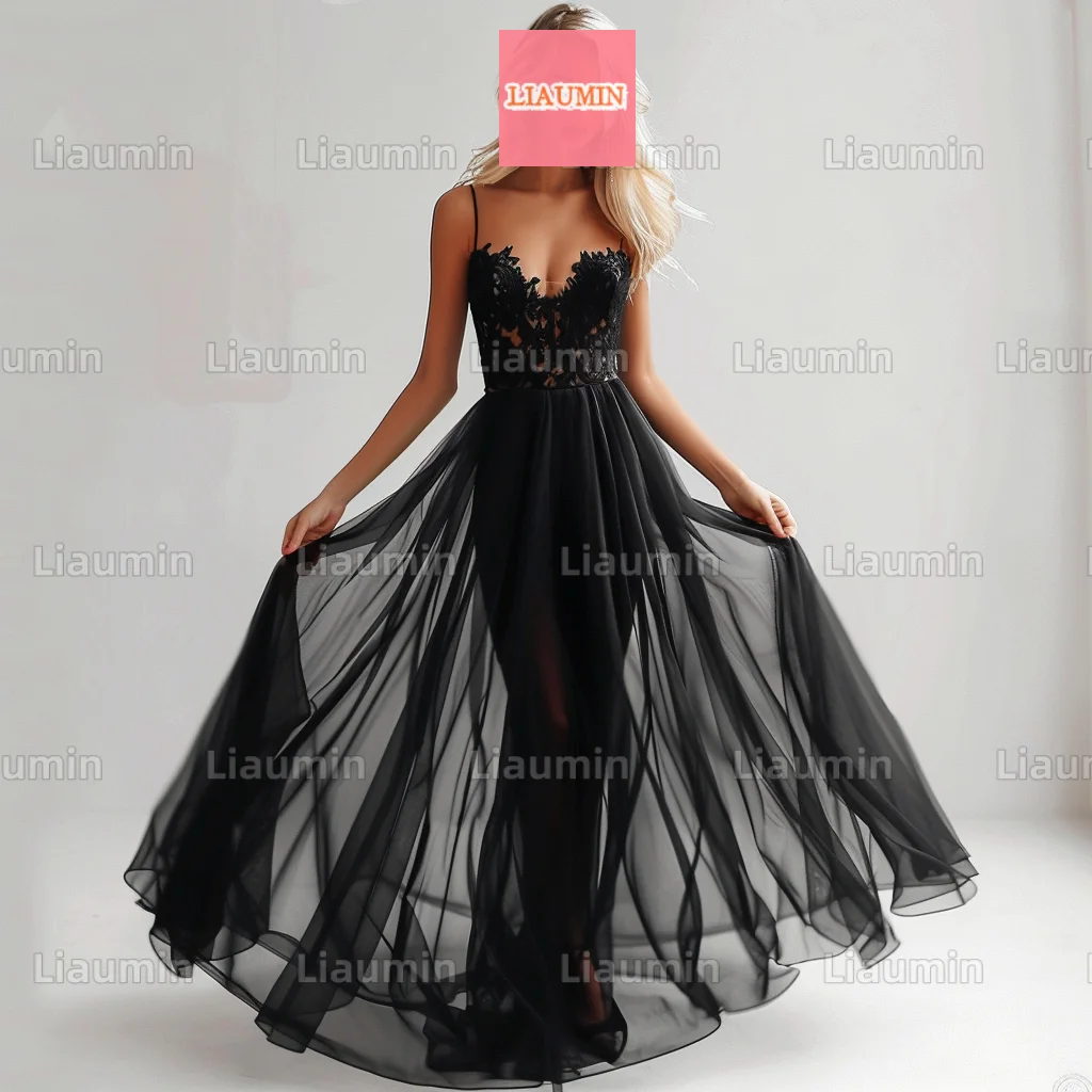 New Custom Made Black Tulle With Lace Applique Spaghetti Strap Lace Up Back Evening Prom Dresses Full Length Formal W17-1.21