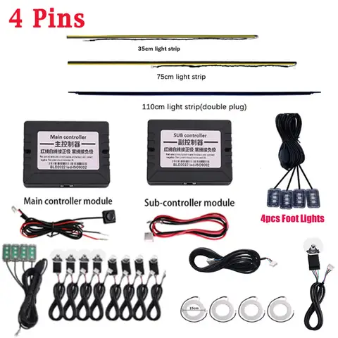 64 Colors Ambient Light Parts Auto Parts 35/75/110cm Light Strips Main/Sub Controller Extension Cord Accessories for the Car