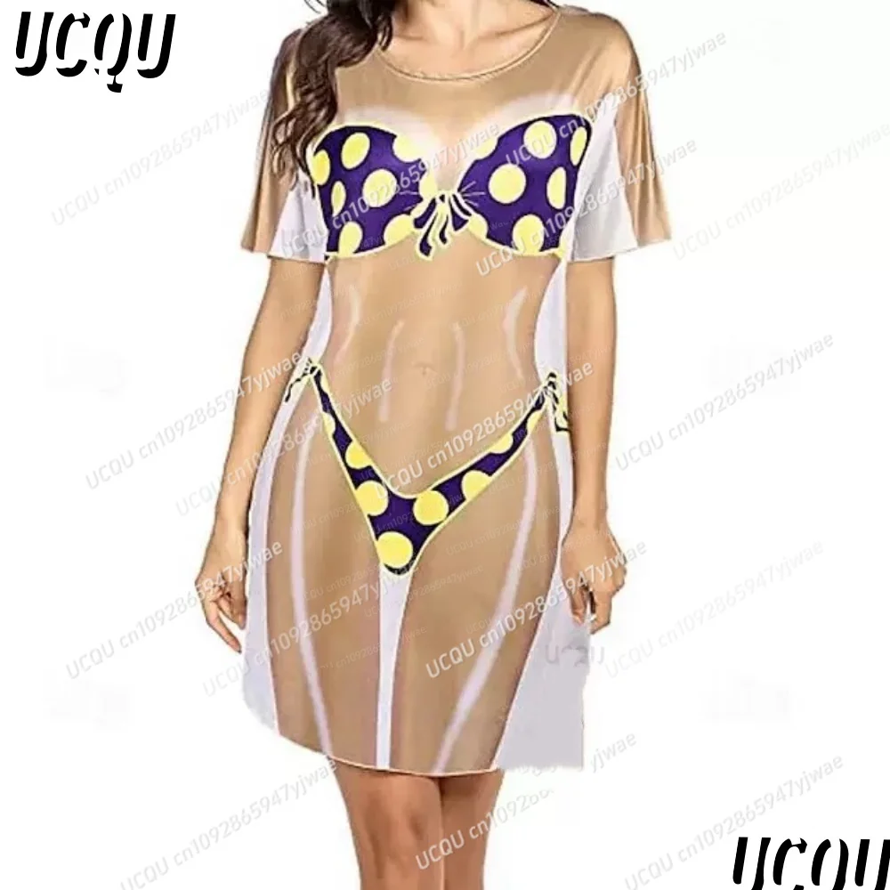 2025 Summer Women T-Shirt Dress Casual Fun 3D Bikini  Printed O-Neck Lady Short Sleeve Pullover Home Sleep Dress Women Clothing