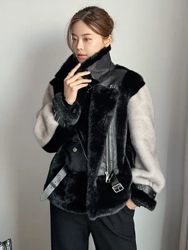

Winter Thiened Faux Fur Jaet Luxury Color Blo Collar Biker Coat Women's Korean Sle ort Zipper Straight Cut Coat