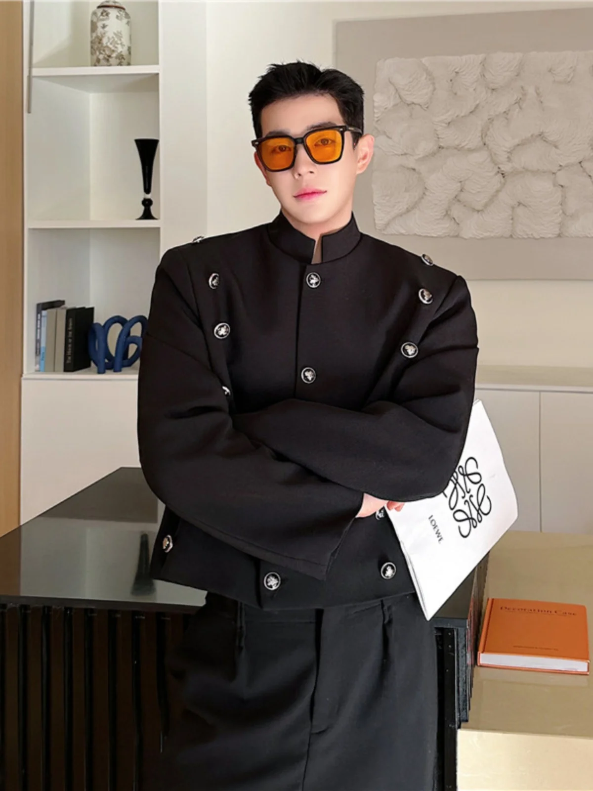 

Spring Season ort Jaet Korean Sle Button up Stand Collar Lightweight Luxury Outerwear Faionable Youth Polyester