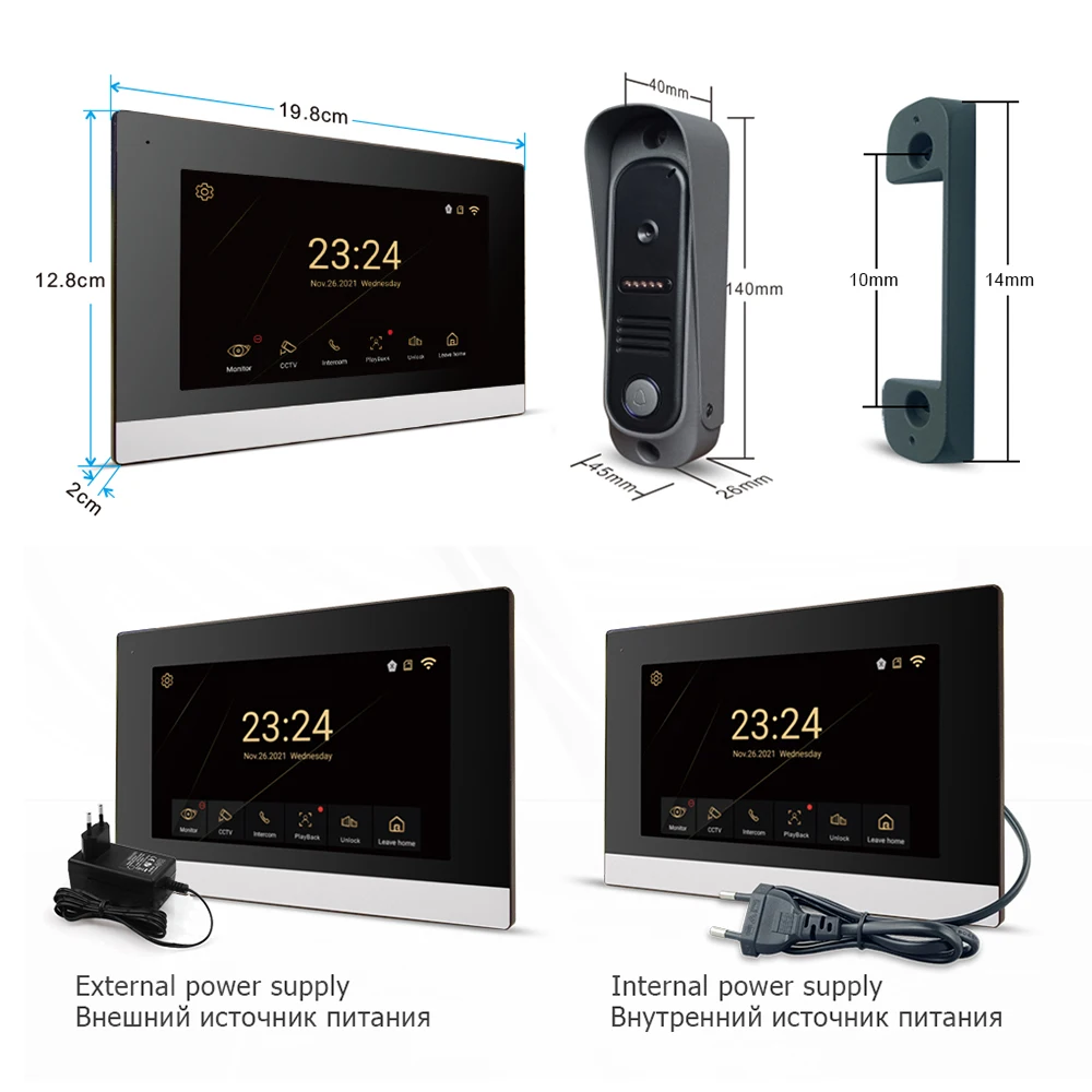 Système d'interphone vidéo sans fil, sonnette d'interphone, écran tactile IPS 7 ", déverrouillage de la carte d'identité, détection de mouvement, Wi-Fi, TUYA, 1080P