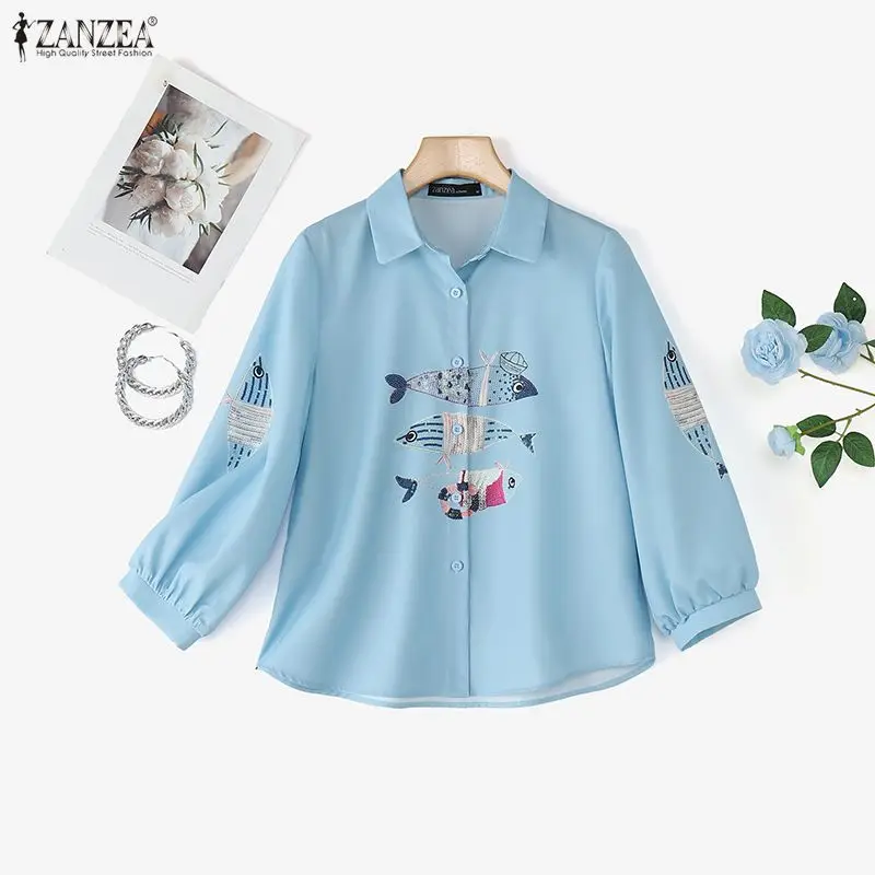 2026 ZANZEA قمصان نسائية مطبوعة على شكل سمكة وطية صدر السترة 3/4 كم بلوزات فضفاضة غير رسمية بلوزة نسائية عتيقة موضة أنيقة للمكتب للسيدات Blusa #1