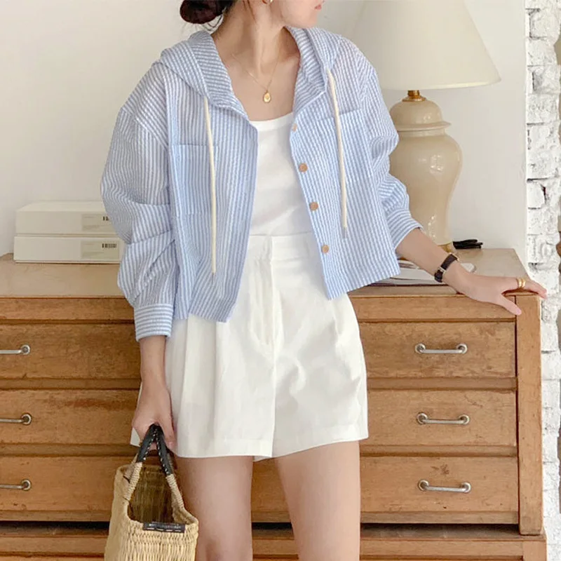 

Korean Version Stripe Hood Shirts Matching Single Breasted Striped Color Contrast Short Loose Long Sleeve Sunscreen