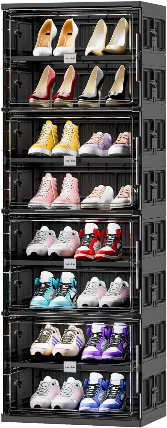 8 Tiers 16 Pairs Portable Shoe Organizer Storage Boxes with Magnetic Door, Folding X-Large Shoe Rack Free-Standing