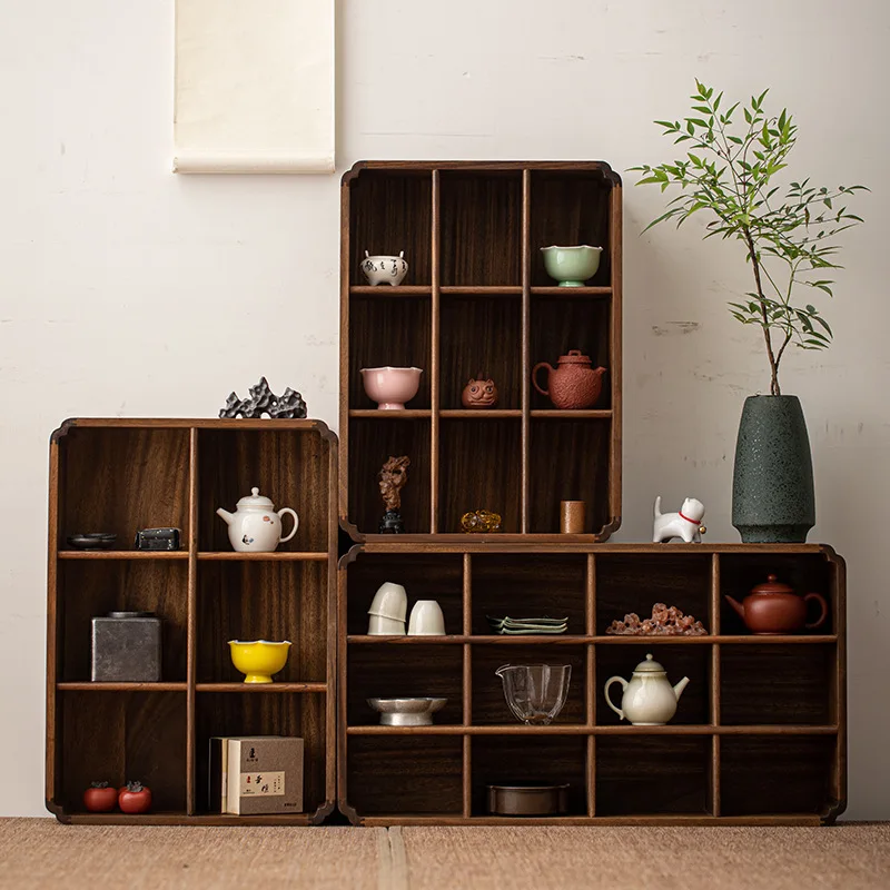 

Wall-mounted Bogu rack, desktop storage, storage display, lattice, solid wood, Duobao Pavilion, teacup ornament.