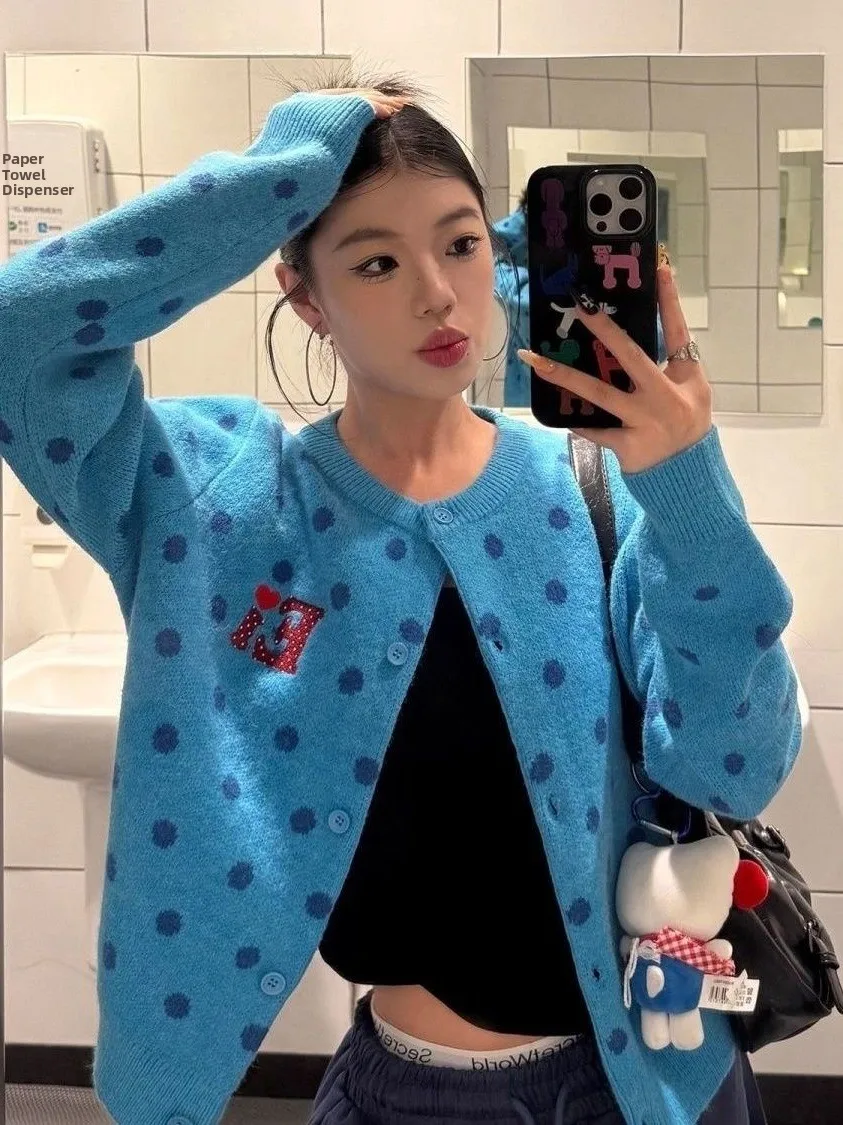 Retro American Polka Dot round Neck Open Cardigan Sweater Women Early Spring Short Soft Lazy Knitwear Top Loose Fit Long Sleeve