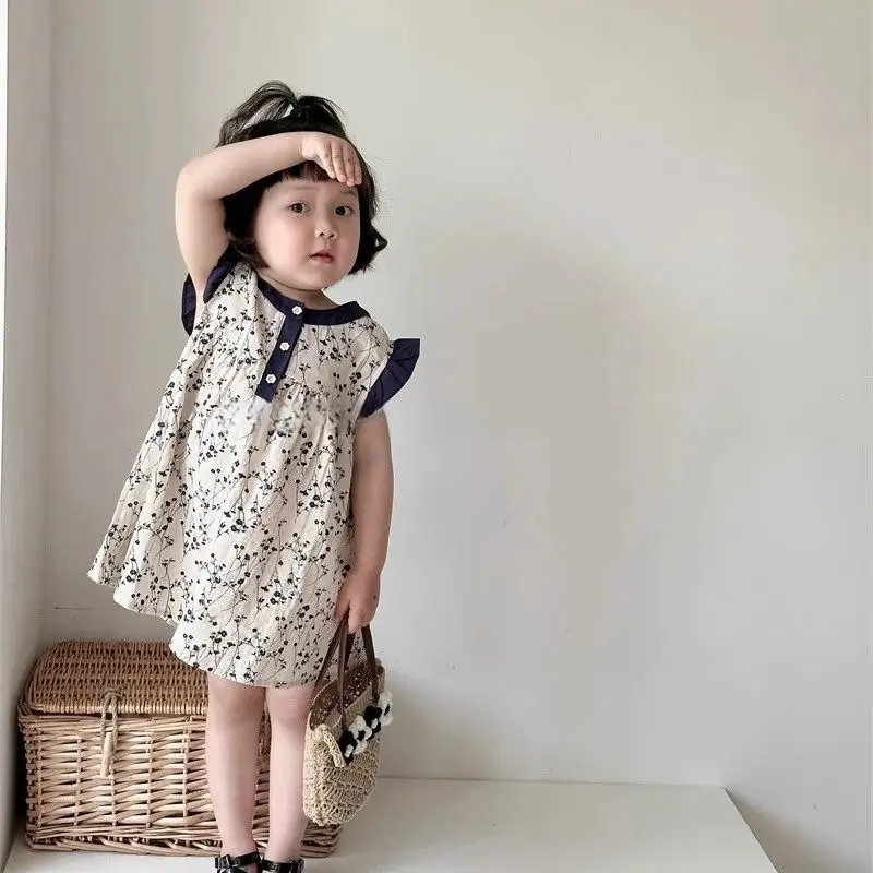 فستان صيفي بزهور للفتيات ، فستان صيفي قطني ، بدون أكمام ، قميص داخلي ، تنورة ، 2 طن ، 3 طن ، 4 طن ، 5 طن ، 6 طن ، 7 طن ، جديد