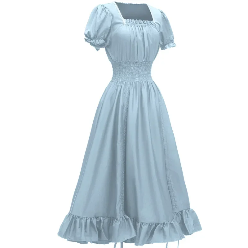 エレガントなレトロな中世のルネッサンスドレス,半袖,裸の肩,スモックされたウエスト,レトロなプリーツロングドレス,自由奔放に生きるドレス