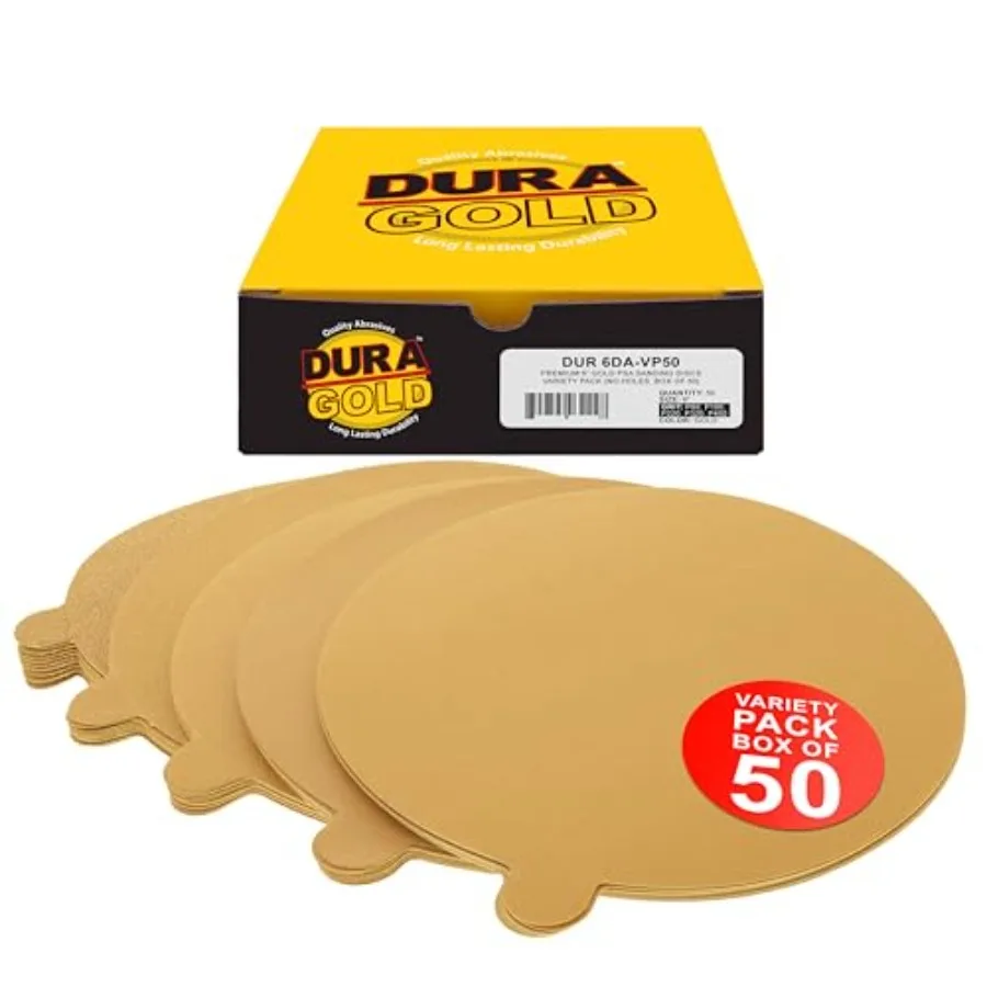 

Premium 80, 150, 220, 320, 400 Grit 6" Gold PSA Sanding Discs, 10 Each, 50 Total - Self Adhesive Stickyback Sandpaper Discs for
