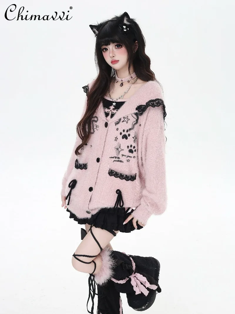 

Japanese Sweet Cute Lace Hooded Rabbit Ear Loose Knitted Cardigan Autumn Winter New Fashion Long Sleeve Loose Y2K Sweater Coat