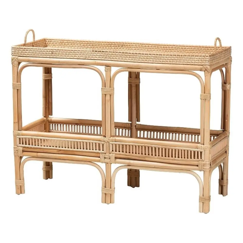 Modern Bohemian Rattan Console Table with Lower Shelf & Side Handles, Fully Assembled, Natural Brown, Customized