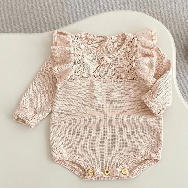 

2025 New Autumn 0-24M Newborn Baby Girls Knitted Bodysuits Long Sleeved Solid Color Infant Baby Girls Knitted Jumpsuit