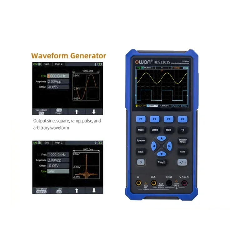 Osciloscopio multifunción OWON HDS2202S, ancho de banda de 200MHz, frecuencia de muestreo de 1GSa/s, multímetro, generador de formas de onda